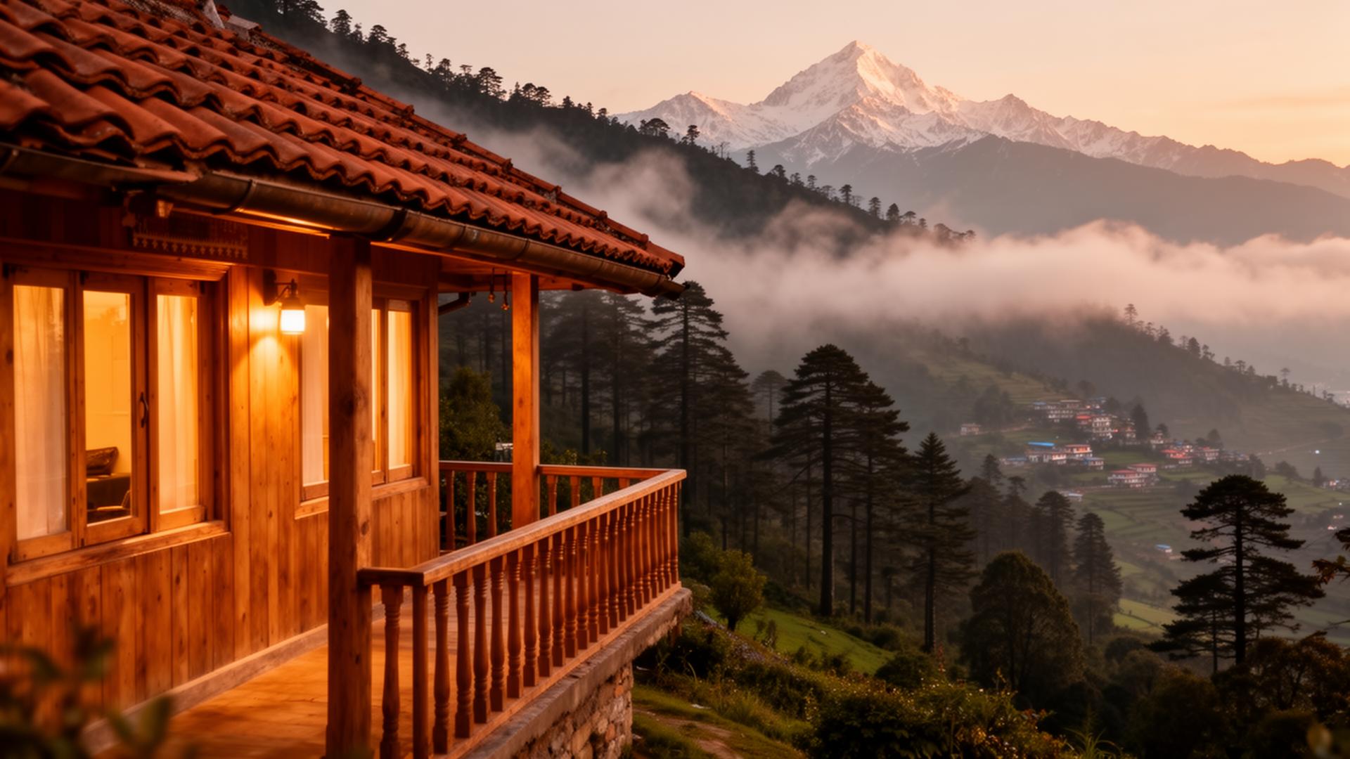 Anugrah Homestay at golden hour with Himalayan view